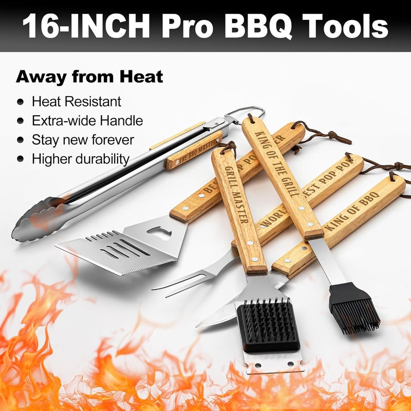 LEWARAN Poppop Gifts from Grandkids, Pop Pop Christmas Grilling Gift Heavy Duty Wooden BBQ Grilling Accessories Kit, Thick Stainless Steel Grill Utensils with Non-Slip Handle Tools in Portable Bag - Image 3